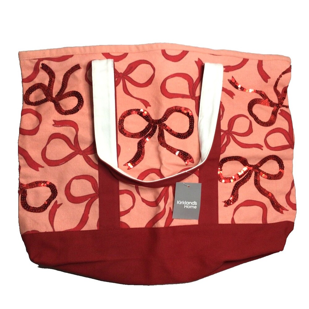 Kirkland's Home 18x14” Red Sequin Bows Canvas Tote Bag Limited Edition NWT